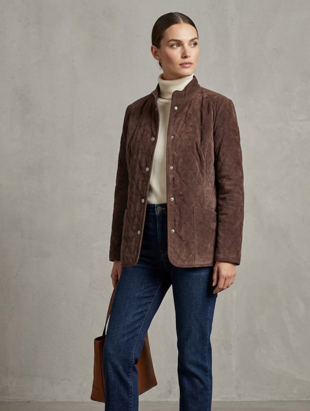 Charter Club Brown Suede Diamond Quilted Jacket Snap Front